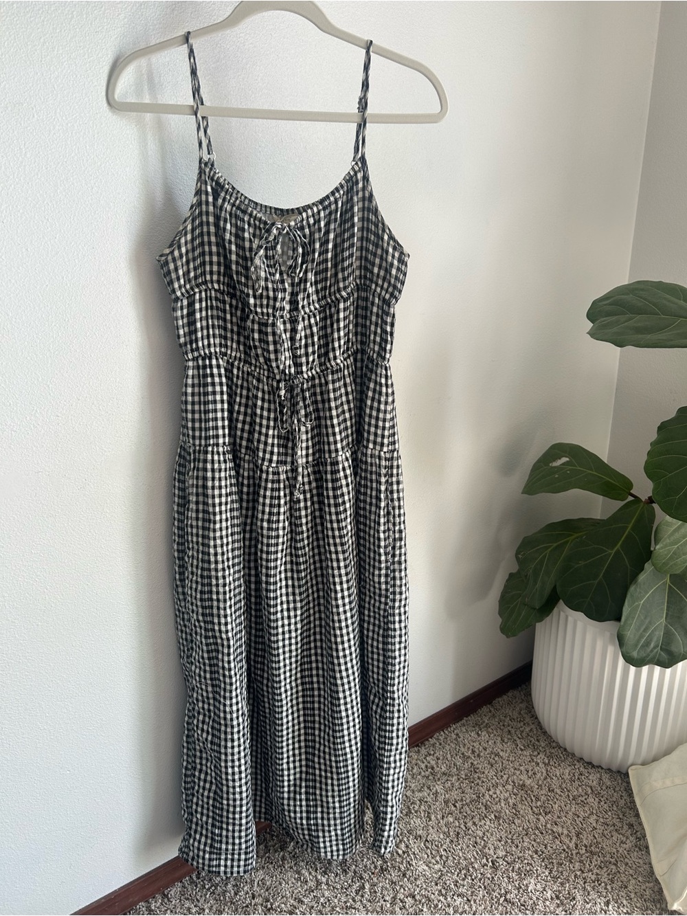 Black & White Gingham Midi Dress with Spaghetti Straps